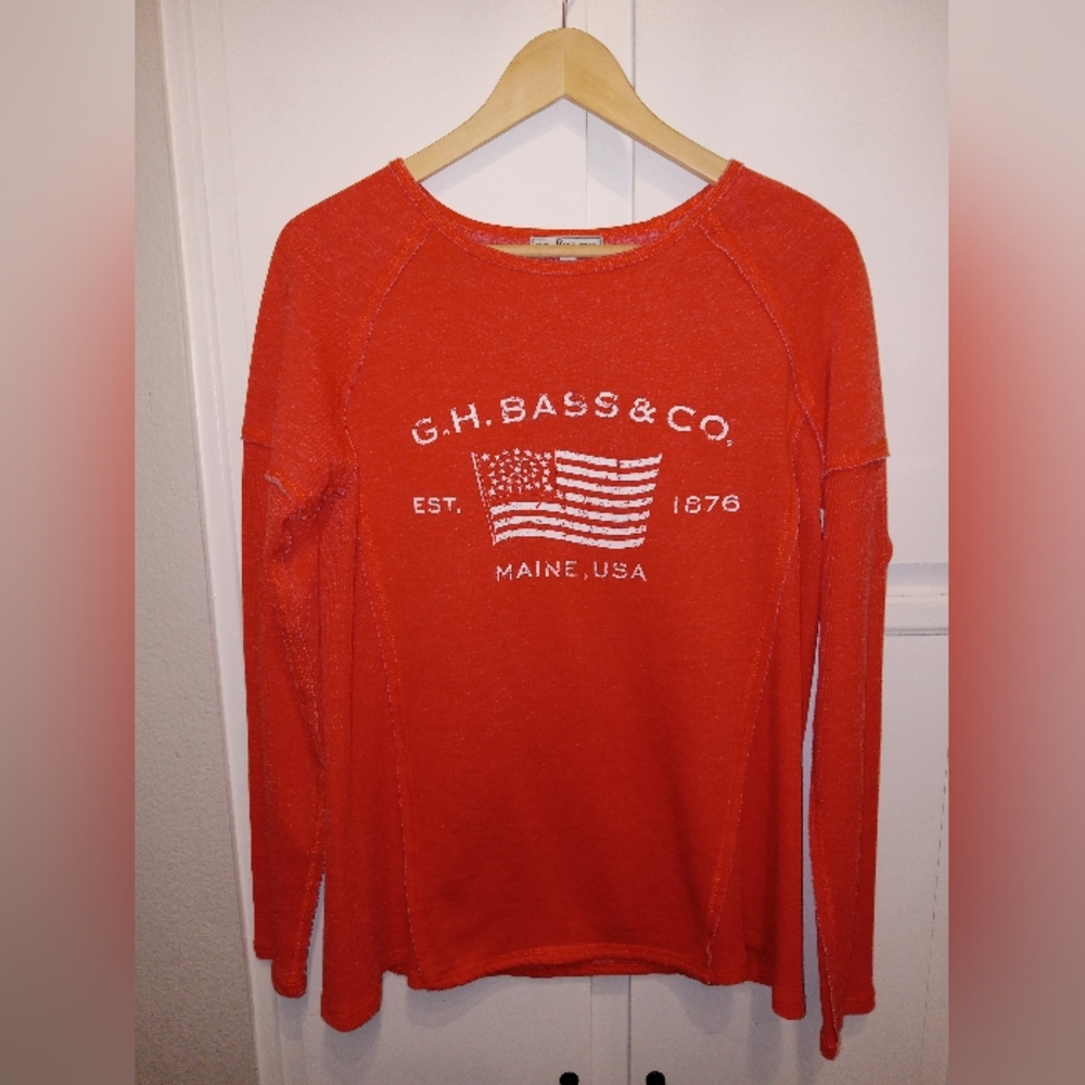 G. H. Bass Orange Sweatshirt Maine US Flag Thermal Sleeves Ladies Sz Small